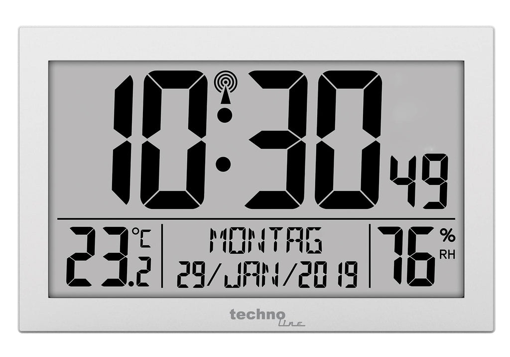 Technoline WS 8016 Funkwanduhr digital mit DCF Funkuhr | Temperatur & Luftfeuchtigkeit | 2 Weckalarme | Kalender | großes LCD Display | Wand- oder Tischuhr | Silber
