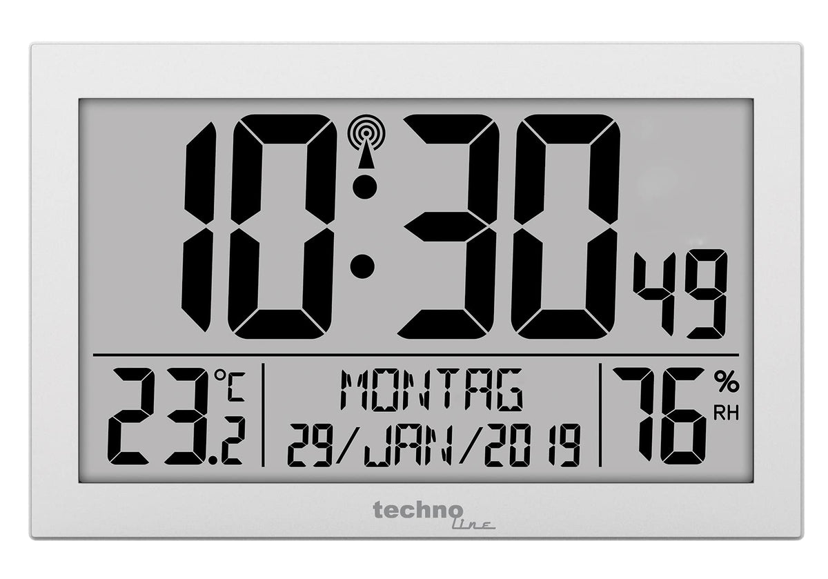 Technoline WS 8016 Funkwanduhr digital mit DCF Funkuhr | Temperatur & Luftfeuchtigkeit | 2 Weckalarme | Kalender | großes LCD Display | Wand- oder Tischuhr | Silber