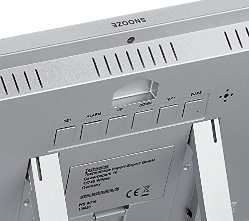 Technoline WS 8016 Funkwanduhr digital mit DCF Funkuhr | Temperatur & Luftfeuchtigkeit | 2 Weckalarme | Kalender | großes LCD Display | Wand- oder Tischuhr | Silber