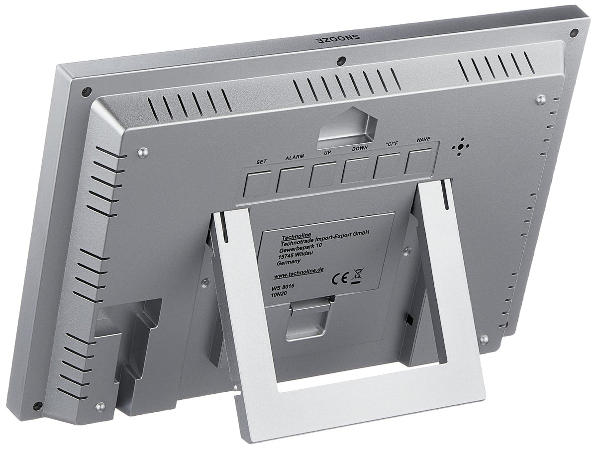 Technoline WS 8016 Funkwanduhr digital mit DCF Funkuhr | Temperatur & Luftfeuchtigkeit | 2 Weckalarme | Kalender | großes LCD Display | Wand- oder Tischuhr | Silber