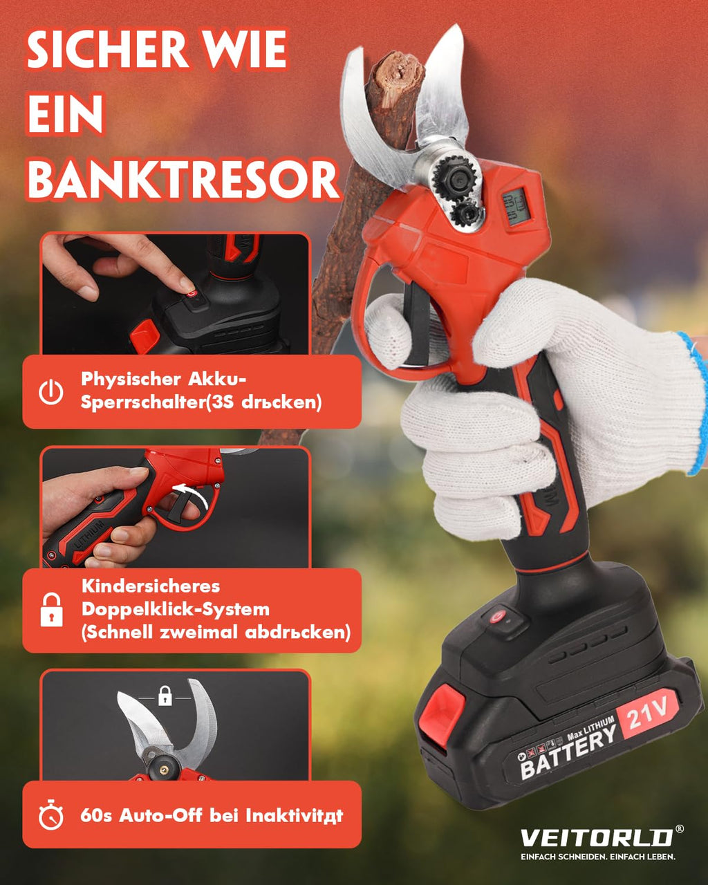 Veitorld Akku Astschere 30mm, Elektrische Gartenschere mit 2 Akkus 2000mAh
