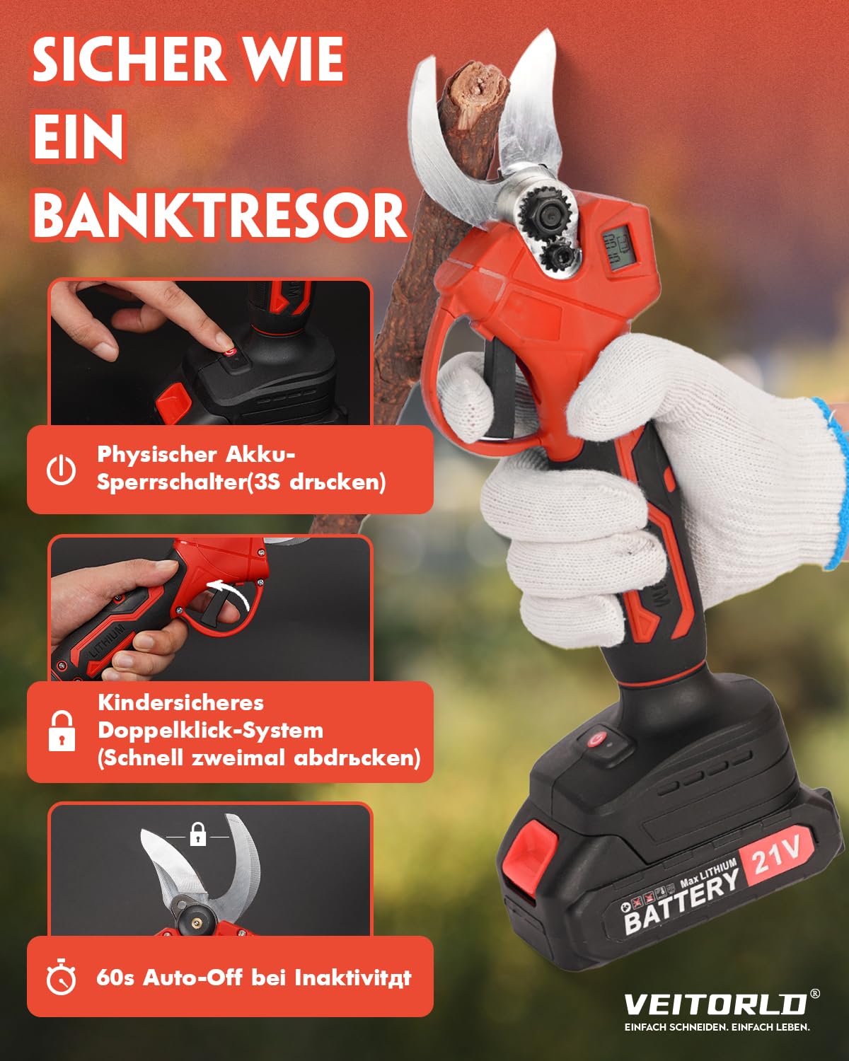 Veitorld Akku Astschere 30mm, Elektrische Gartenschere mit 2 Akkus 2000mAh