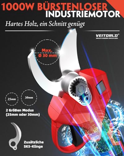 Veitorld Akku Astschere 30mm, Elektrische Gartenschere mit 2 Akkus 2000mAh