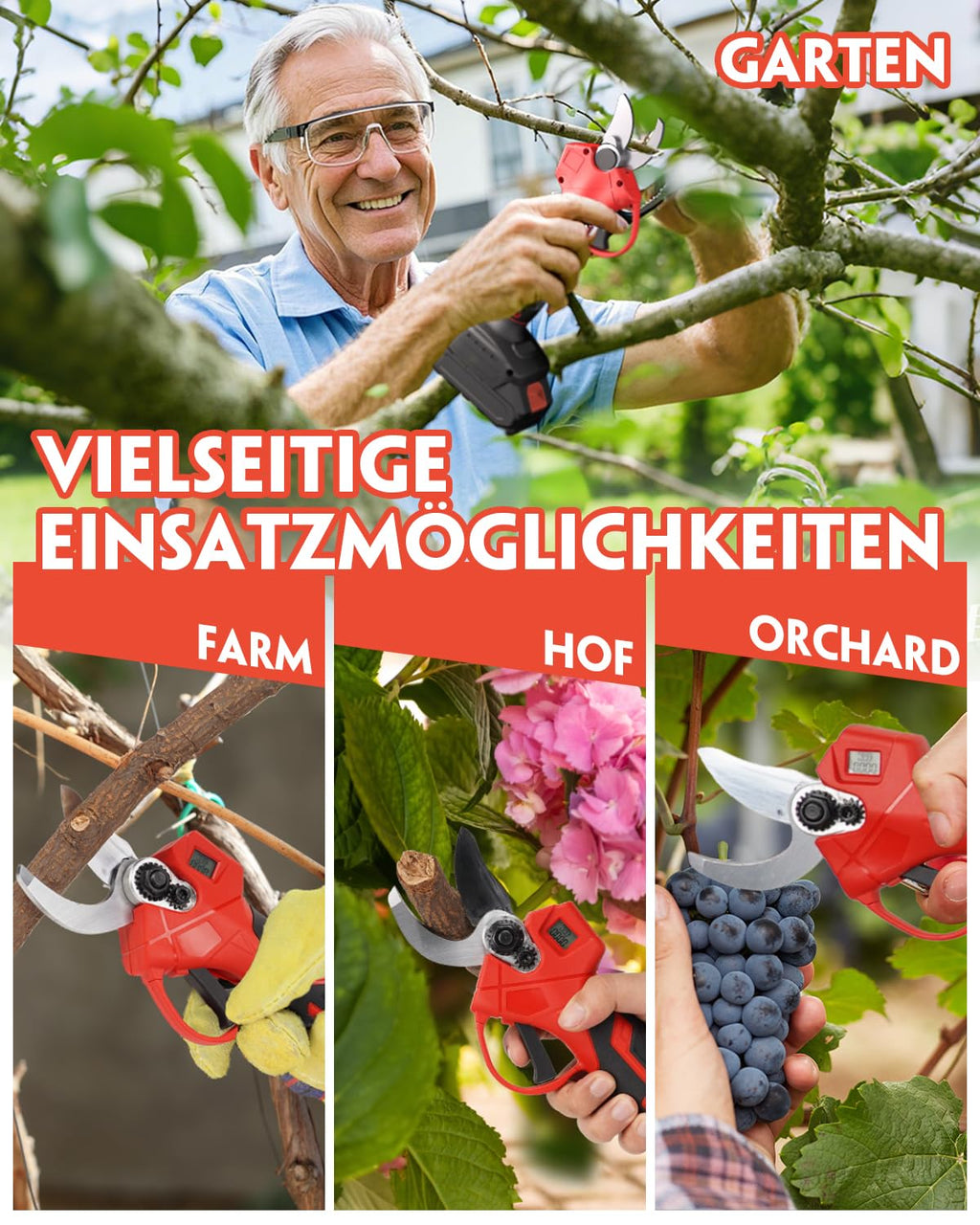Veitorld Akku Astschere 30mm, Elektrische Gartenschere mit 2 Akkus 2000mAh