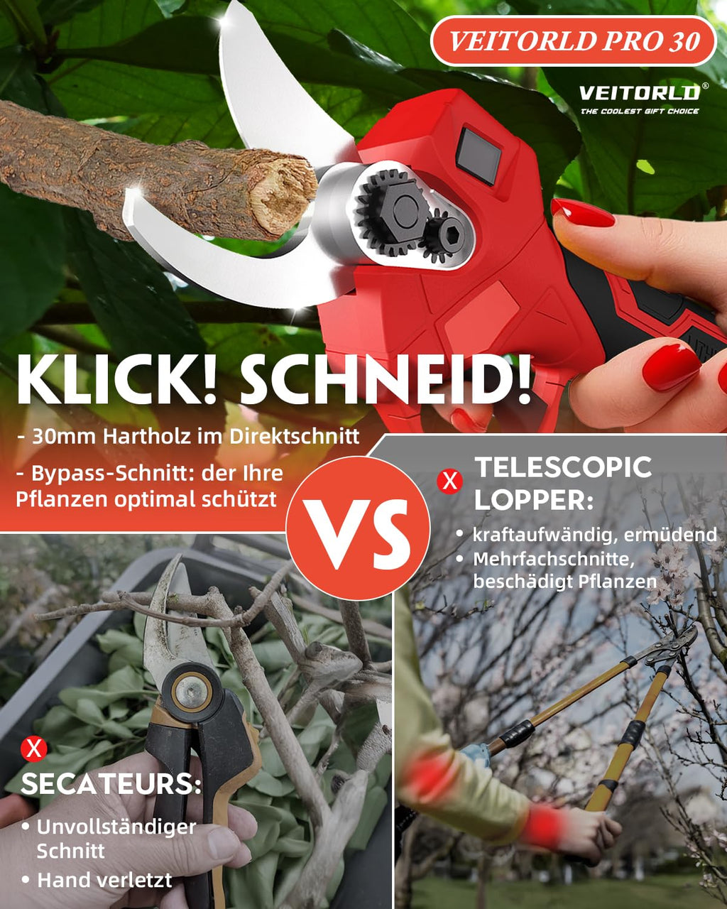 Veitorld Akku Astschere 30mm, Elektrische Gartenschere mit 2 Akkus 2000mAh