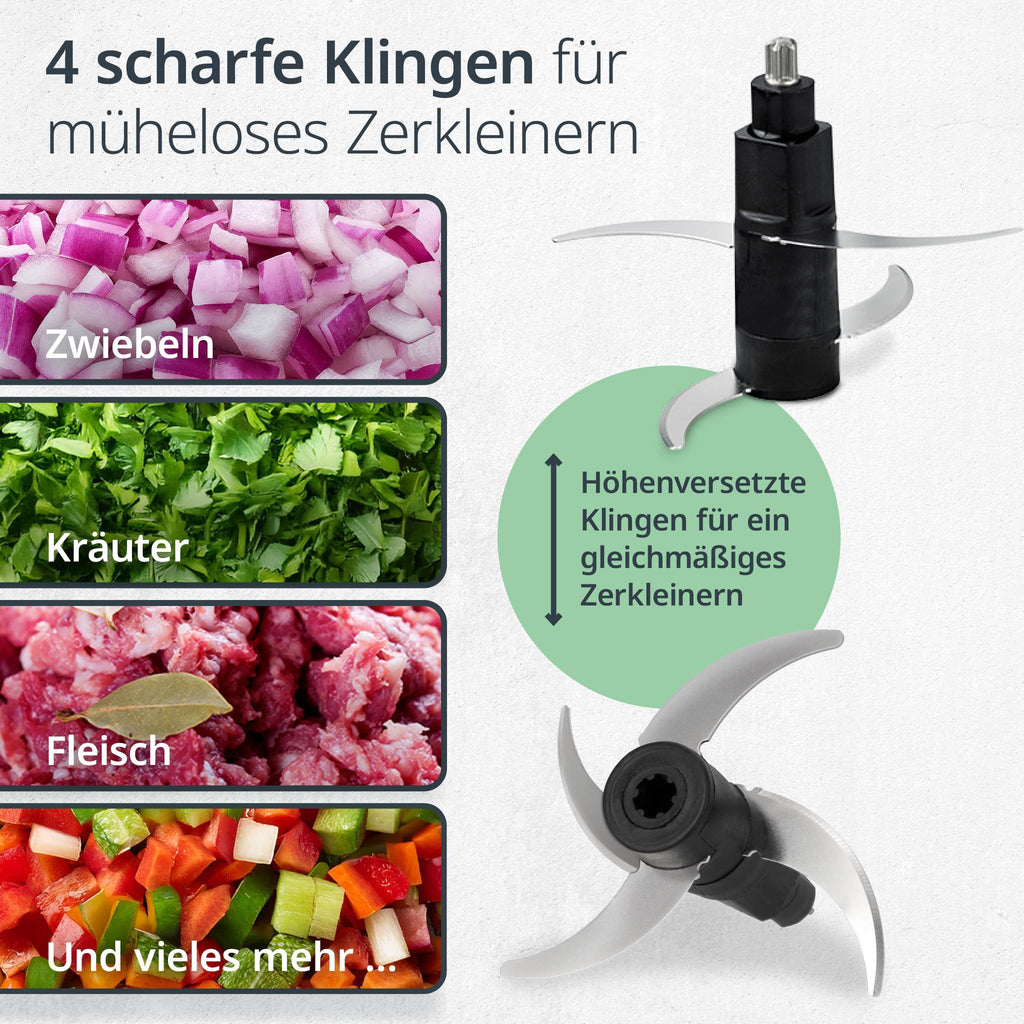 ADE Kraftvoller elektrischer Zerkleinerer | starker 500 W Motor | große 1,2 l Glasschüssel | 4 Edelstahlklingen | 2 Geschwindigkeiten | Zwiebeln, Gemüse, Fleisch | Zwiebelschneider