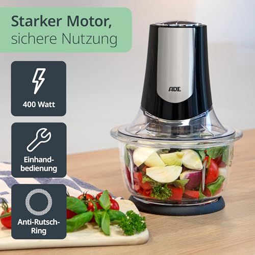 ADE Kraftvoller elektrischer Zerkleinerer | starker 500 W Motor | große 1,2 l Glasschüssel | 4 Edelstahlklingen | 2 Geschwindigkeiten | Zwiebeln, Gemüse, Fleisch | Zwiebelschneider