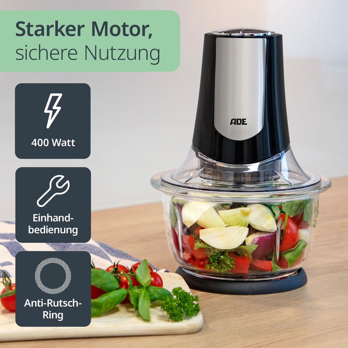 ADE Kraftvoller elektrischer Zerkleinerer | starker 500 W Motor | große 1,2 l Glasschüssel | 4 Edelstahlklingen | 2 Geschwindigkeiten | Zwiebeln, Gemüse, Fleisch | Zwiebelschneider