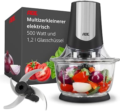ADE Kraftvoller elektrischer Zerkleinerer | starker 500 W Motor | große 1,2 l Glasschüssel | 4 Edelstahlklingen | 2 Geschwindigkeiten | Zwiebeln, Gemüse, Fleisch | Zwiebelschneider