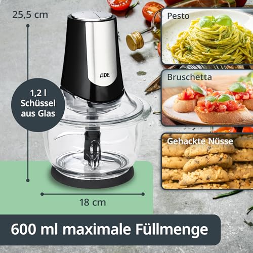 ADE Kraftvoller elektrischer Zerkleinerer | starker 500 W Motor | große 1,2 l Glasschüssel | 4 Edelstahlklingen | 2 Geschwindigkeiten | Zwiebeln, Gemüse, Fleisch | Zwiebelschneider