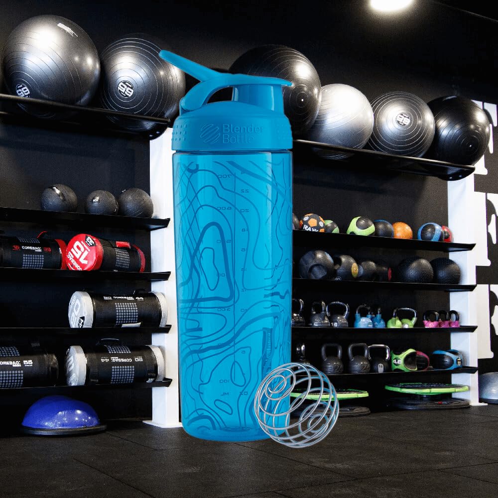 BlenderBottle Signature Sleek Tritan Trinkflasche mit BlenderBall, geeignet als Protein Shaker, Eiweißshaker, Wasserflasche oder für Fitness Shakes, BPA frei, Aqua Topt Flow (820 ml)