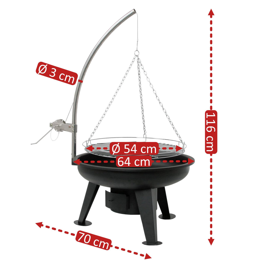 BBQ-Toro Schwenkgrill Ø 64 cm | Holzkohlegrill mit Feuerschale | Dreibein für Gulaschkessel | Grillrost Ø 54 cm, Grillgestell mit Feuerwanne, mit Kurbel, Kohlegrill