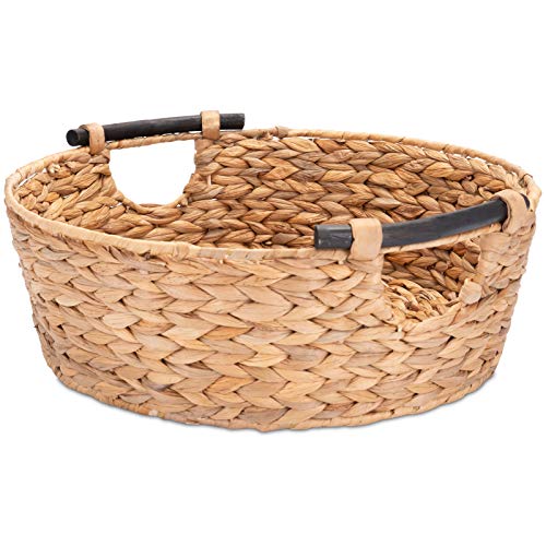 Decorasian Korb Aufbewahrung rund geflochten aus Seegras mit Holzgriffen - Wasserhyazinthe 42cm - Wäschekorb groß Natur