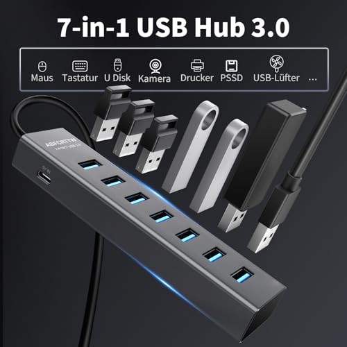 7-Port USB Hub 3.0 mit 120cm Kabel für Desktop, Aluminium USB Verteiler 5Gbps Multiport Adapter Splitter mit 5V 3A Type-C Port für PC, Laptop, MacBook, U-Disk, Maus