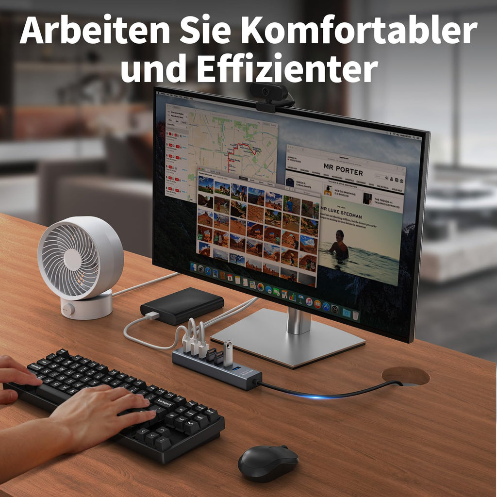 7-Port USB Hub 3.0 mit 120cm Kabel für Desktop, Aluminium USB Verteiler 5Gbps Multiport Adapter Splitter mit 5V 3A Type-C Port für PC, Laptop, MacBook, U-Disk, Maus