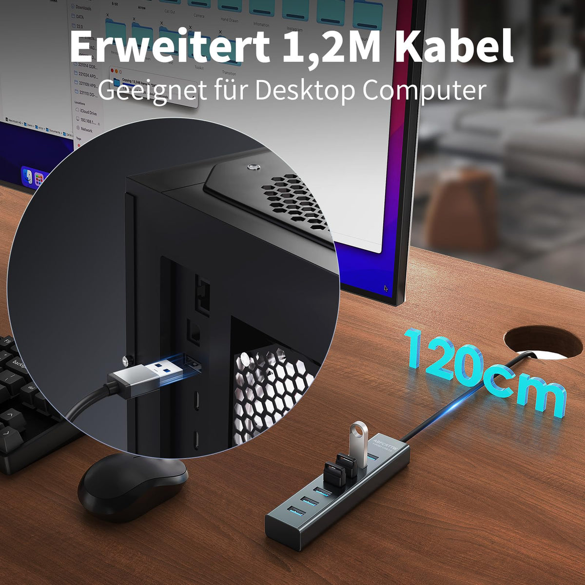 7-Port USB Hub 3.0 mit 120cm Kabel für Desktop, Aluminium USB Verteiler 5Gbps Multiport Adapter Splitter mit 5V 3A Type-C Port für PC, Laptop, MacBook, U-Disk, Maus