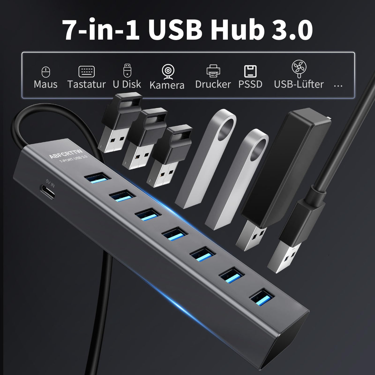 7-Port USB Hub 3.0 mit 120cm Kabel für Desktop, Aluminium USB Verteiler 5Gbps Multiport Adapter Splitter mit 5V 3A Type-C Port für PC, Laptop, MacBook, U-Disk, Maus