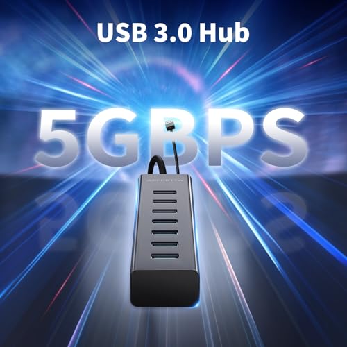 7-Port USB Hub 3.0 mit 120cm Kabel für Desktop, Aluminium USB Verteiler 5Gbps Multiport Adapter Splitter mit 5V 3A Type-C Port für PC, Laptop, MacBook, U-Disk, Maus
