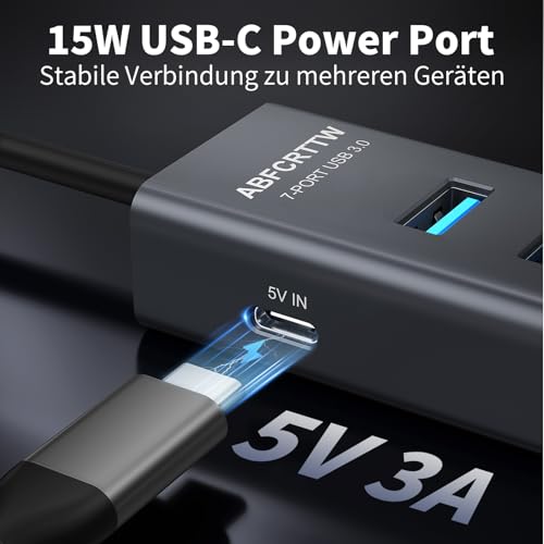 7-Port USB Hub 3.0 mit 120cm Kabel für Desktop, Aluminium USB Verteiler 5Gbps Multiport Adapter Splitter mit 5V 3A Type-C Port für PC, Laptop, MacBook, U-Disk, Maus