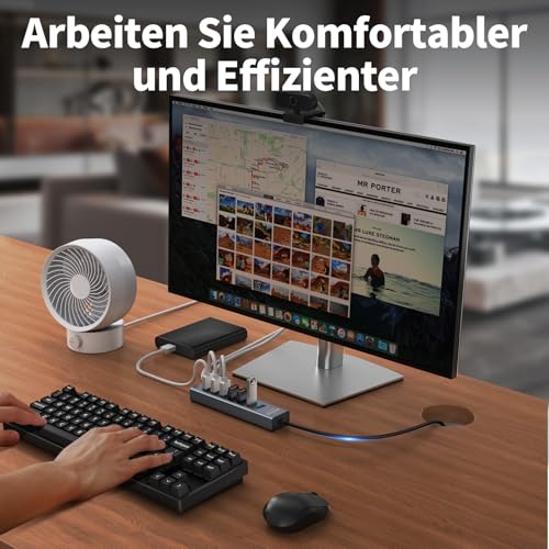 7-Port USB Hub 3.0 mit 120cm Kabel für Desktop, Aluminium USB Verteiler 5Gbps Multiport Adapter Splitter mit 5V 3A Type-C Port für PC, Laptop, MacBook, U-Disk, Maus