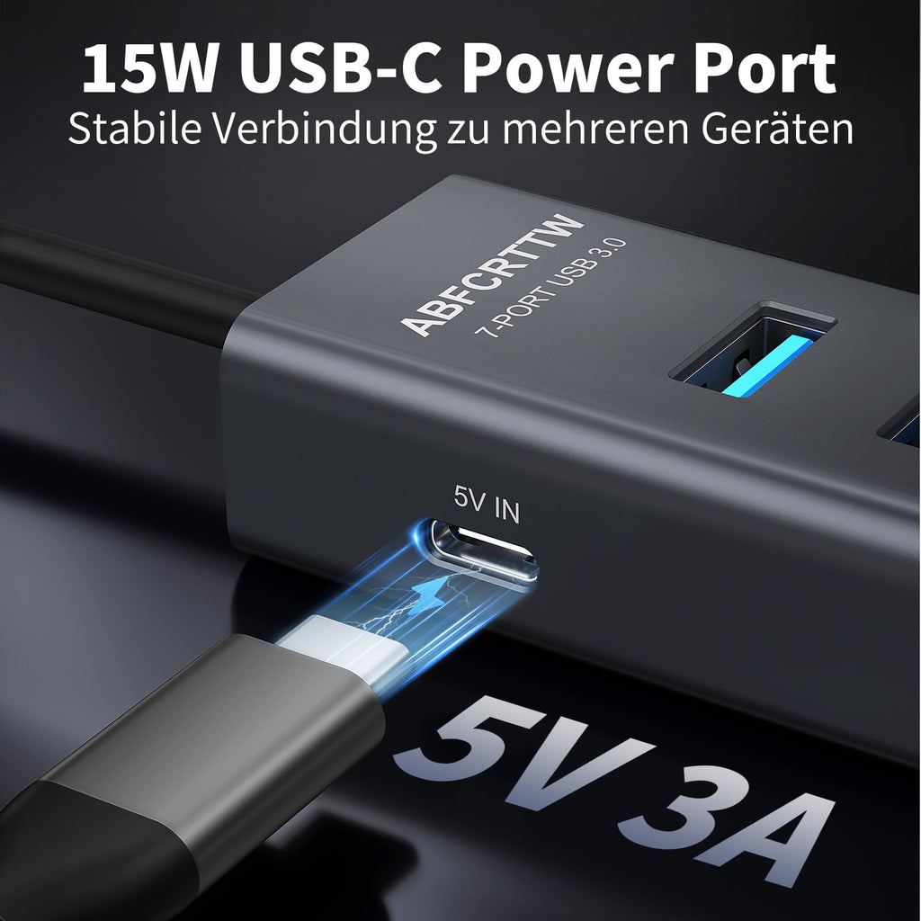 7-Port USB Hub 3.0 mit 120cm Kabel für Desktop, Aluminium USB Verteiler 5Gbps Multiport Adapter Splitter mit 5V 3A Type-C Port für PC, Laptop, MacBook, U-Disk, Maus