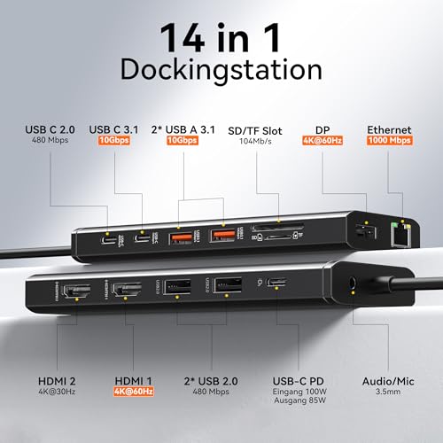 Dockingstation Laptop 2 Monitore, 14 in 1 Docking Station Triple Display