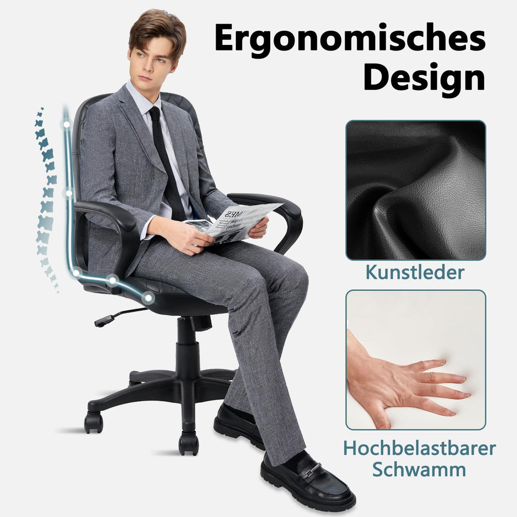 CLATINA PU-Leder Bürodrehstuhl Höhenverstellbarer ergonomischer Managerstuhl mit Armlehnen Mittelhohe Rückenlehne und Rollen Premium Design für Homeoffice Konferenz Arbeitszimmer Schwarz