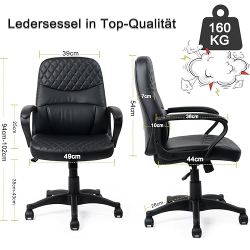 CLATINA PU-Leder Bürodrehstuhl Höhenverstellbarer ergonomischer Managerstuhl mit Armlehnen Mittelhohe Rückenlehne und Rollen Premium Design für Homeoffice Konferenz Arbeitszimmer Schwarz
