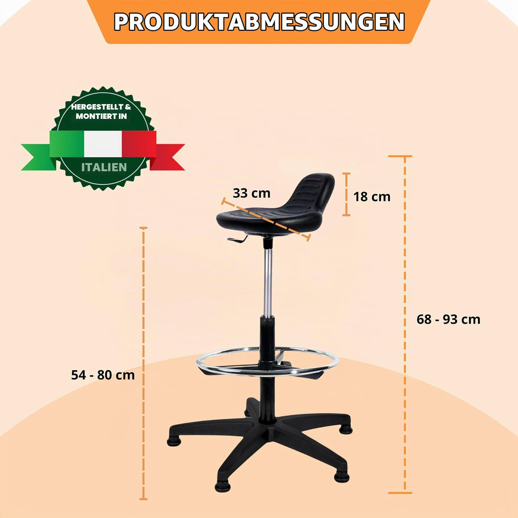 Topsit IND000014 Arbeitshocker Stehhilfe hoch mit Fußring zur Ablage, Abwischbar für Labor geeignet, Hartschaum Schwarz, 40 x 43 x 85 cm
