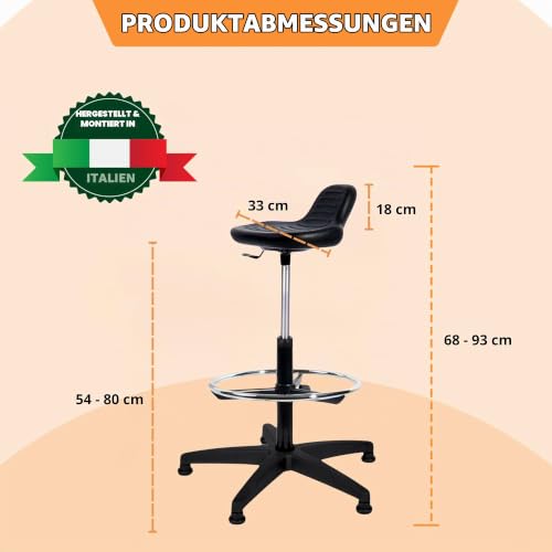 Topsit IND000014 Arbeitshocker Stehhilfe hoch mit Fußring zur Ablage, Abwischbar für Labor geeignet, Hartschaum Schwarz, 40 x 43 x 85 cm