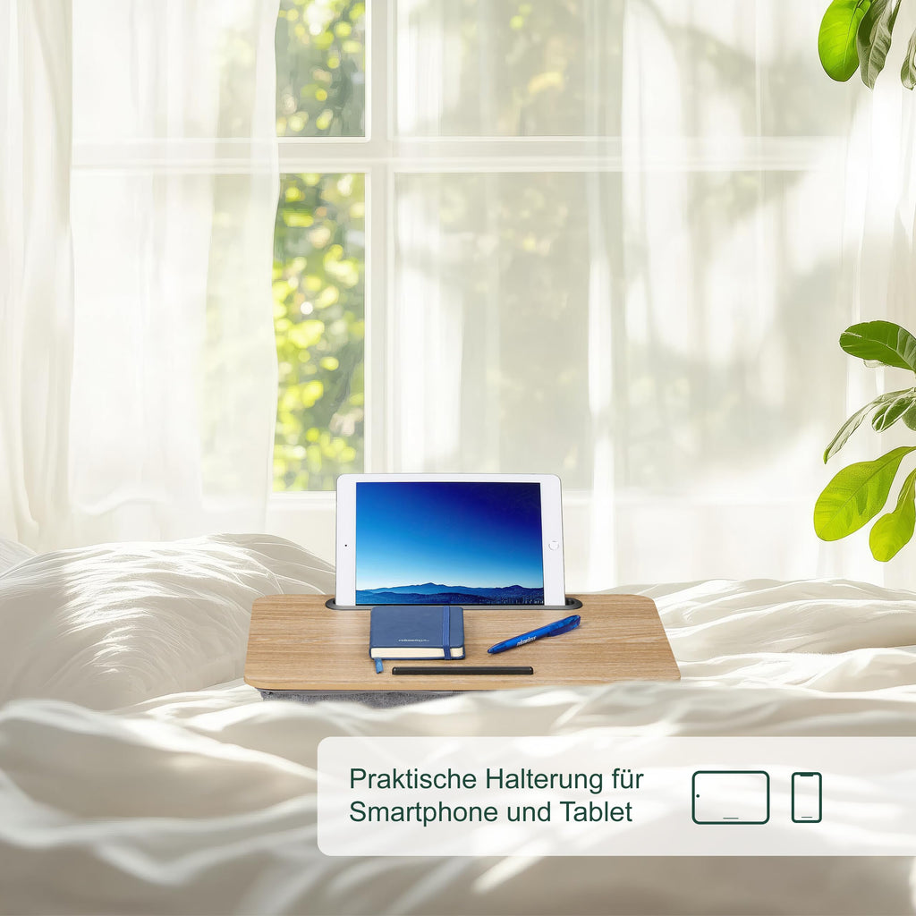 Relaxdays Laptopkissen mit Handyhalter, BxT: 42 x 32 cm, Laptopunterlage für Bett & Sofa, Laptop Knietablett, Natur/grau