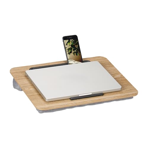 Relaxdays Laptopkissen mit Handyhalter, BxT: 42 x 32 cm, Laptopunterlage für Bett & Sofa, Laptop Knietablett, Natur/grau