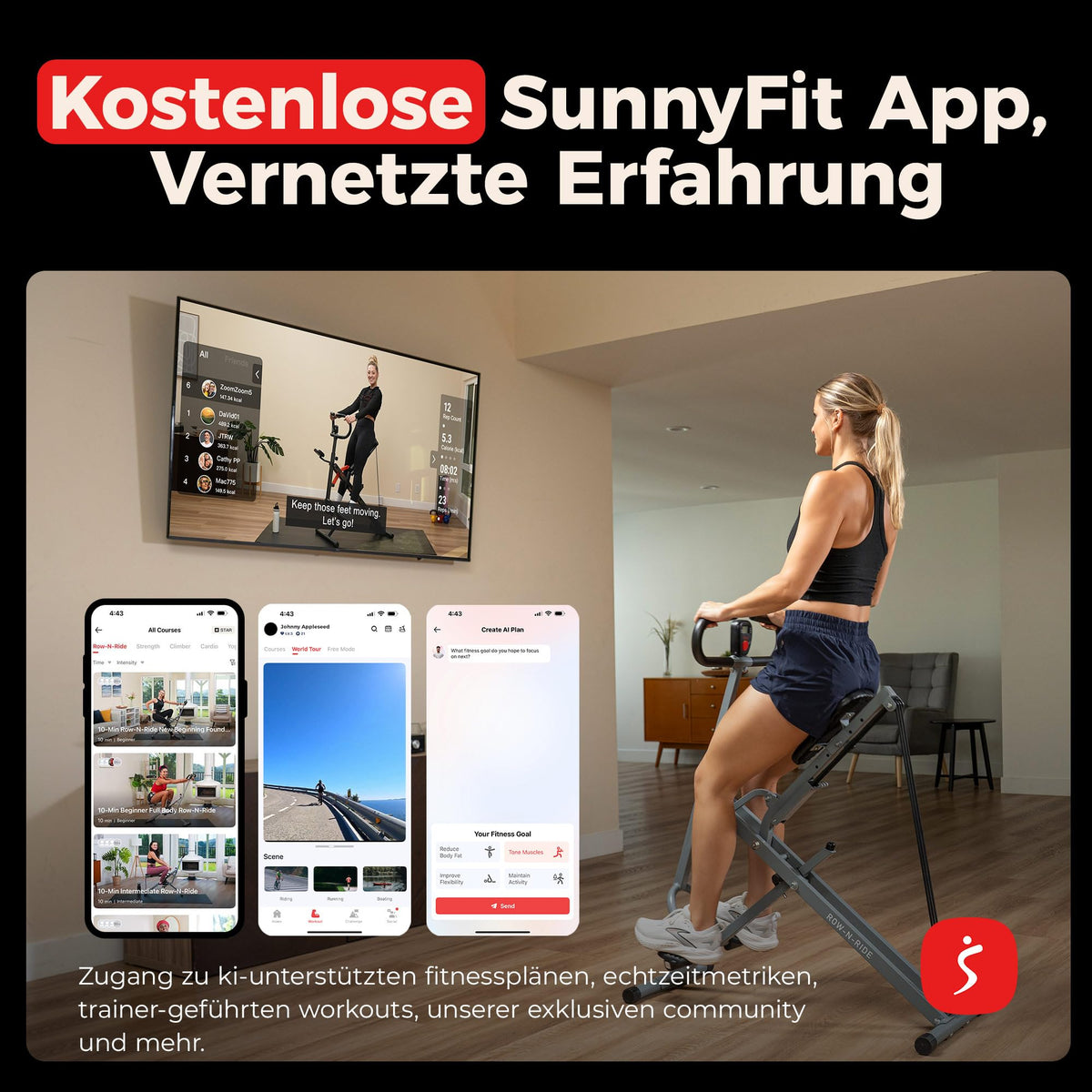 Sunny Health & Fitness Smart Row-N-Ride Kniebeugen- & Rudertrainer klappbar