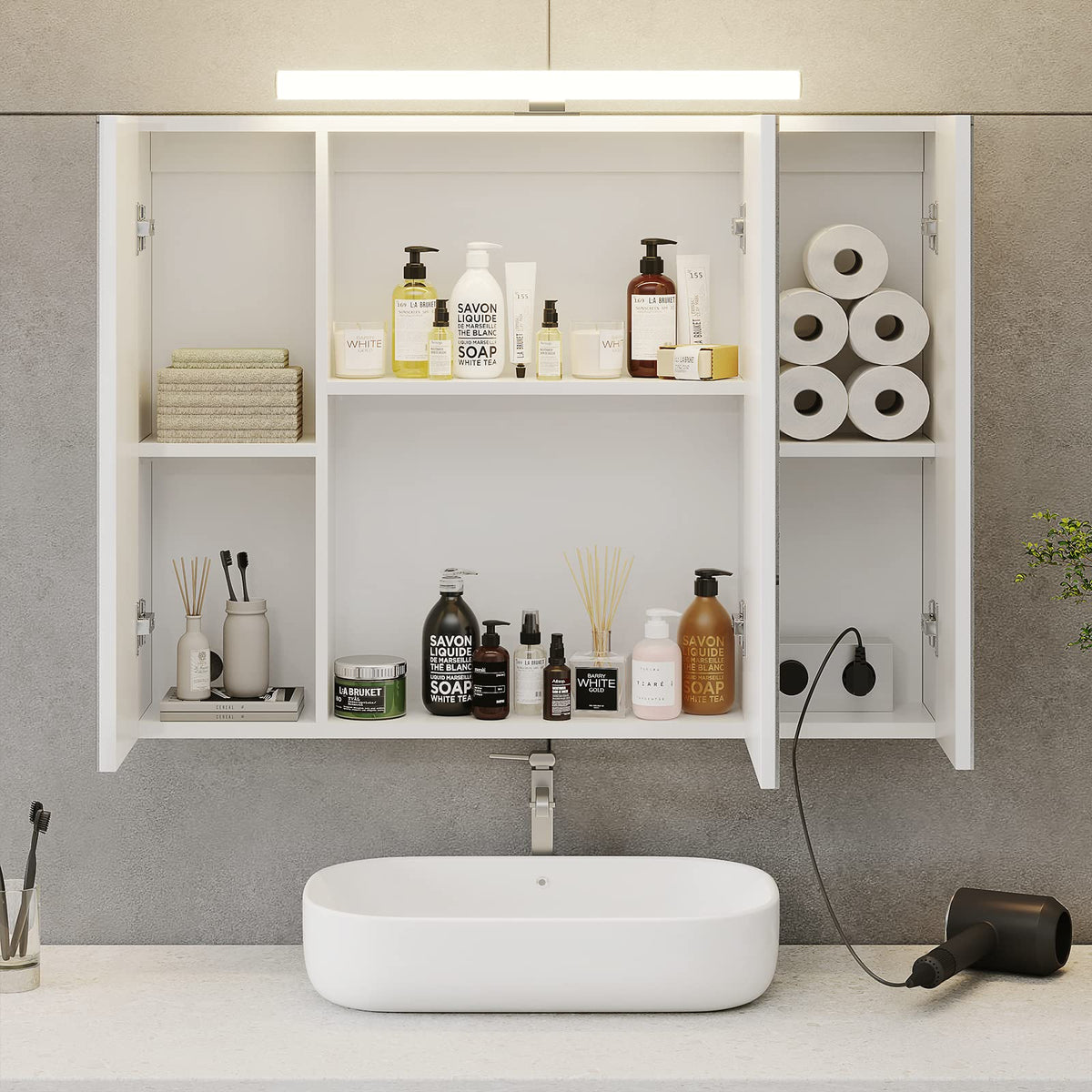 DICTAC Spiegelschrank Bad mit LED Beleuchtung, Steckdose und Lichtschalter Badezimmer Spiegelschrank mit 3 Türen, Badschrank mit Spiegel, Hängeschrank, Badspiegel, Weiß-70x15x60cm