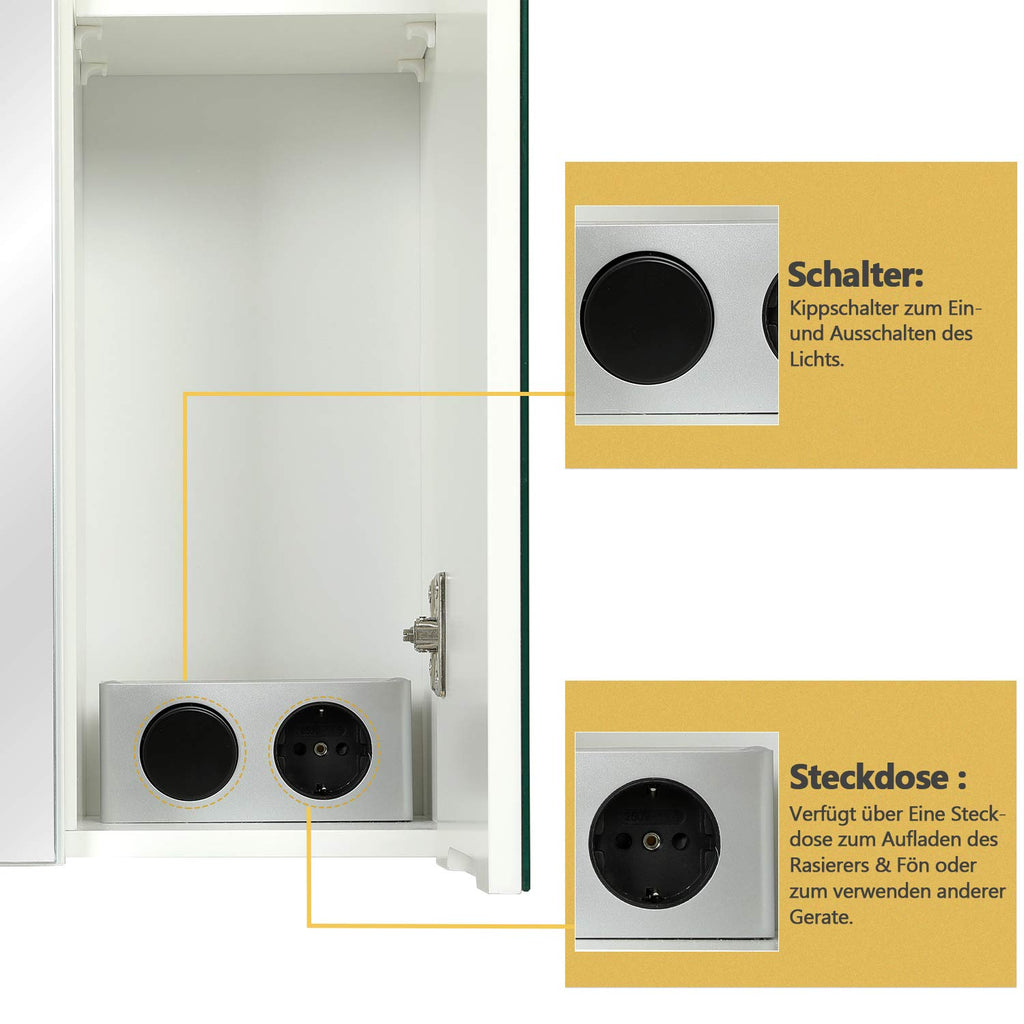 DICTAC Spiegelschrank Bad mit LED Beleuchtung, Steckdose und Lichtschalter Badezimmer Spiegelschrank mit 3 Türen, Badschrank mit Spiegel, Hängeschrank, Badspiegel, Weiß-70x15x60cm