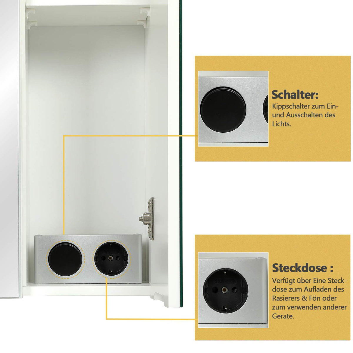 DICTAC Spiegelschrank Bad mit LED Beleuchtung, Steckdose und Lichtschalter Badezimmer Spiegelschrank mit 3 Türen, Badschrank mit Spiegel, Hängeschrank, Badspiegel, Weiß-70x15x60cm