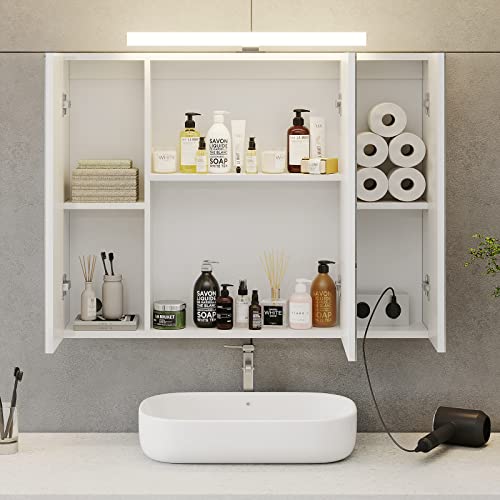 DICTAC Spiegelschrank Bad mit LED Beleuchtung, Steckdose und Lichtschalter Badezimmer Spiegelschrank mit 3 Türen, Badschrank mit Spiegel, Hängeschrank, Badspiegel, Weiß-70x15x60cm
