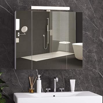 DICTAC Spiegelschrank Bad mit LED Beleuchtung, Steckdose und Lichtschalter Badezimmer Spiegelschrank mit 3 Türen, Badschrank mit Spiegel, Hängeschrank, Badspiegel, Weiß-70x15x60cm