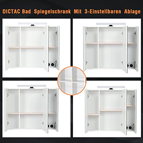 DICTAC Spiegelschrank Bad mit LED Beleuchtung, Steckdose und Lichtschalter Badezimmer Spiegelschrank mit 3 Türen, Badschrank mit Spiegel, Hängeschrank, Badspiegel, Weiß-70x15x60cm