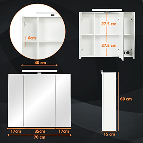 DICTAC Spiegelschrank Bad mit LED Beleuchtung, Steckdose und Lichtschalter Badezimmer Spiegelschrank mit 3 Türen, Badschrank mit Spiegel, Hängeschrank, Badspiegel, Weiß-70x15x60cm