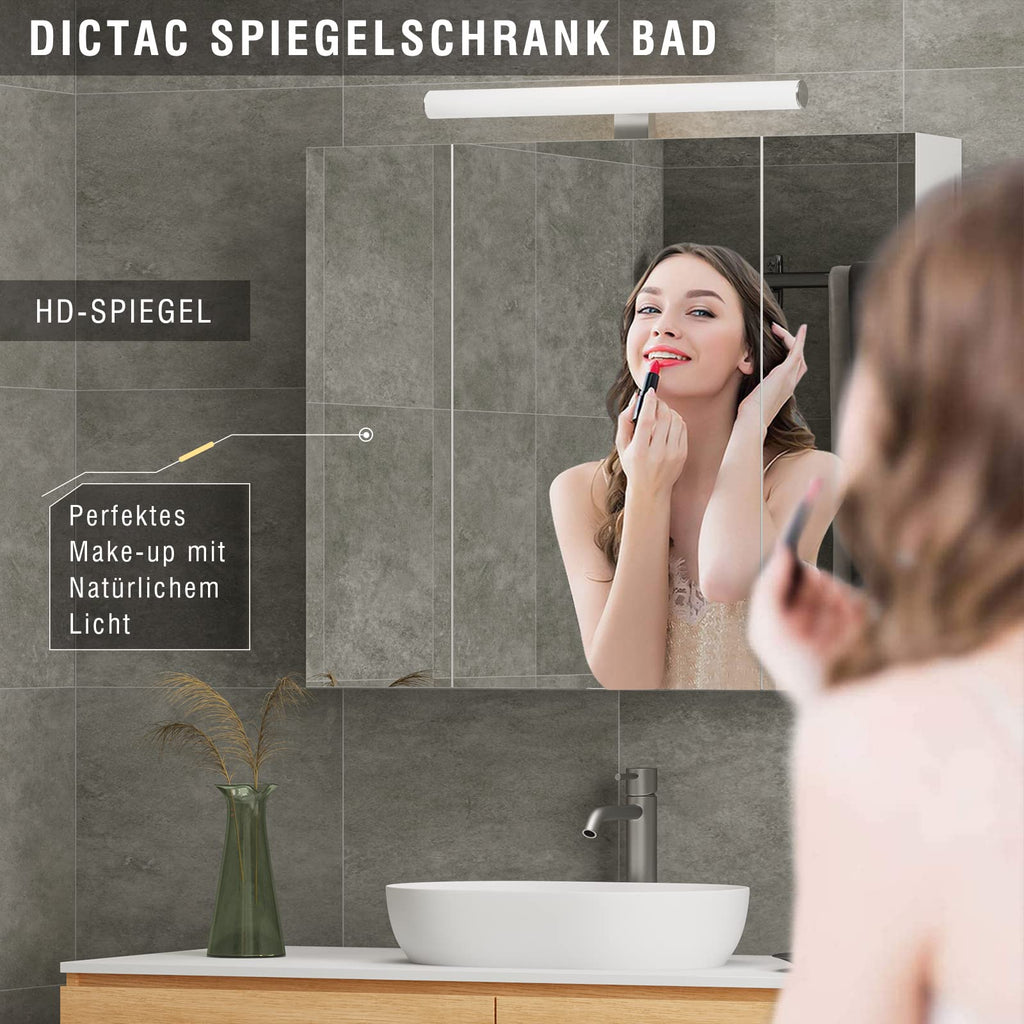 DICTAC Spiegelschrank Bad mit LED Beleuchtung, Steckdose und Lichtschalter Badezimmer Spiegelschrank mit 3 Türen, Badschrank mit Spiegel, Hängeschrank, Badspiegel, Weiß-70x15x60cm