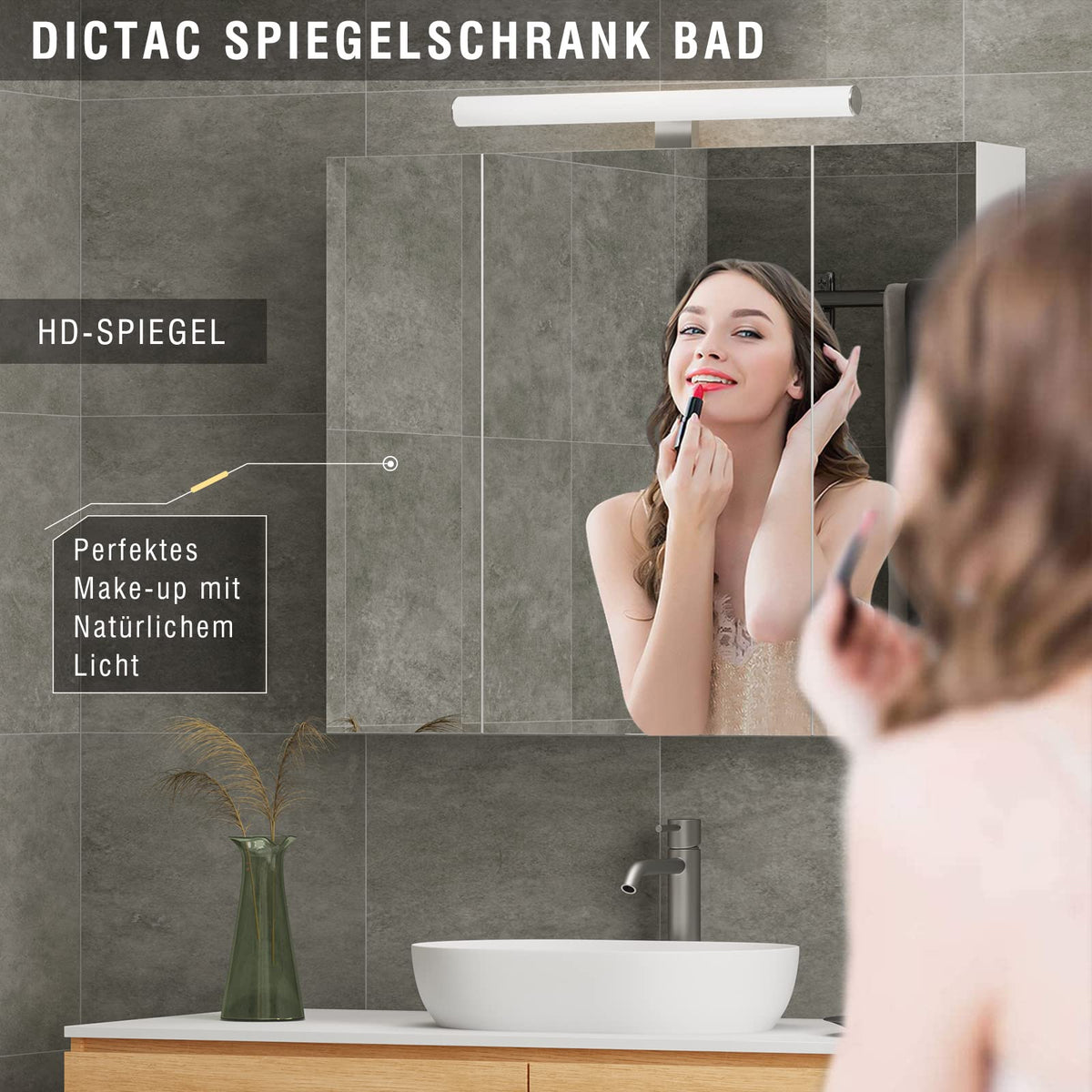 DICTAC Spiegelschrank Bad mit LED Beleuchtung, Steckdose und Lichtschalter Badezimmer Spiegelschrank mit 3 Türen, Badschrank mit Spiegel, Hängeschrank, Badspiegel, Weiß-70x15x60cm