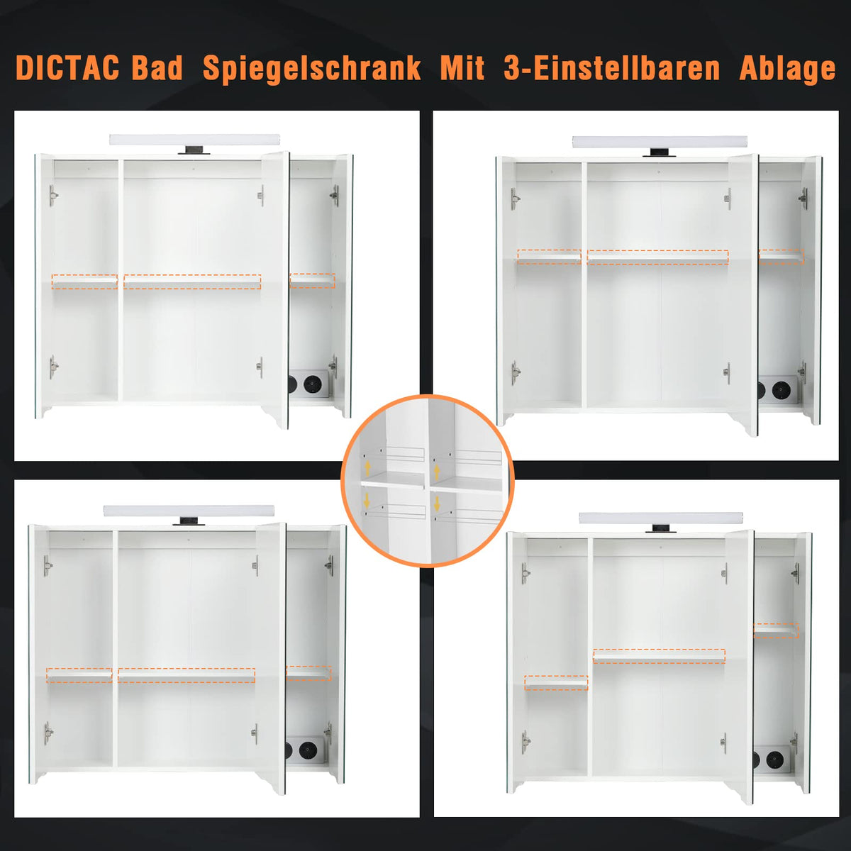 DICTAC Spiegelschrank Bad mit LED Beleuchtung, Steckdose und Lichtschalter Badezimmer Spiegelschrank mit 3 Türen, Badschrank mit Spiegel, Hängeschrank, Badspiegel, Weiß-70x15x60cm
