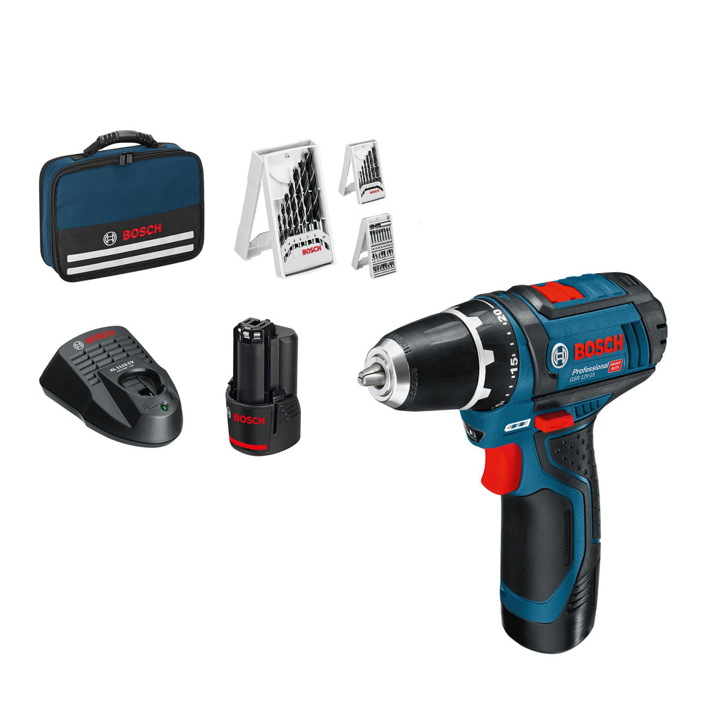 Bosch PRO 12V System Akku Bohrschrauber GSR 12V-15 (inkl. 2x2.0 Akku, Ladegerät, 39tlg.-Zubehör-Set, Werkzeugtasche) - Amazon Exclusive