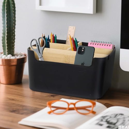 Schreibtisch Organizer aus Bambus, 5 Fächer Abnehmbarer Büro Organizer in Schwarz, Stiftehalter Holz Aufbewahrungsbox für Büro, Schule, Kosmetik, Fernbedienung & Kleine Gegenstände