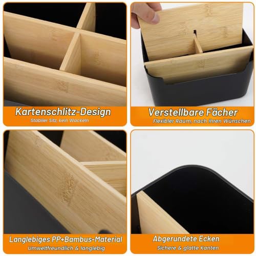 Schreibtisch Organizer aus Bambus, 5 Fächer Abnehmbarer Büro Organizer in Schwarz, Stiftehalter Holz Aufbewahrungsbox für Büro, Schule, Kosmetik, Fernbedienung & Kleine Gegenstände