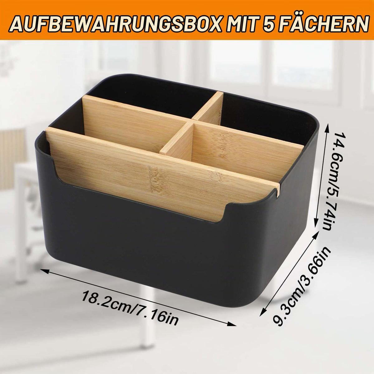 Schreibtisch Organizer aus Bambus, 5 Fächer Abnehmbarer Büro Organizer in Schwarz, Stiftehalter Holz Aufbewahrungsbox für Büro, Schule, Kosmetik, Fernbedienung & Kleine Gegenstände