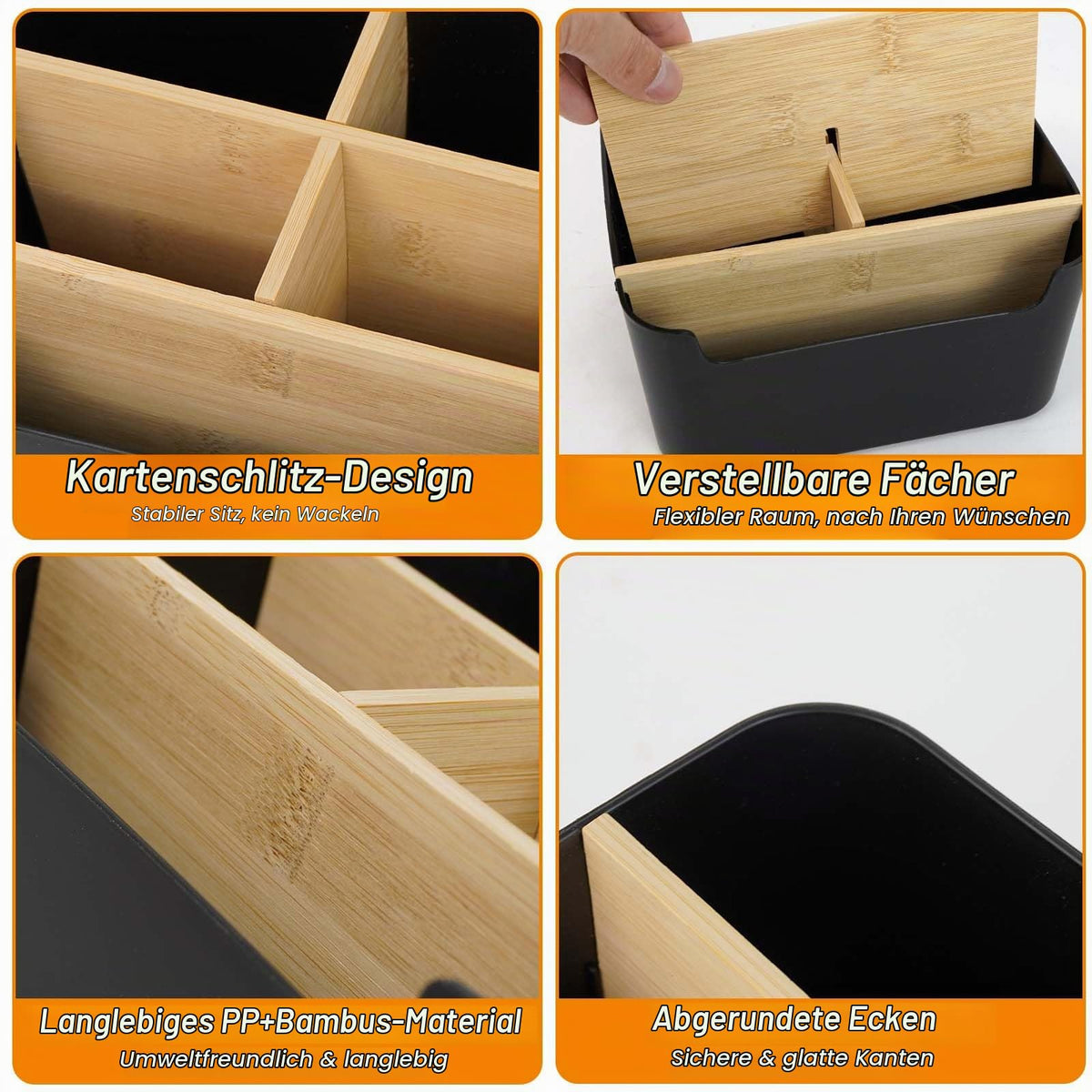 Schreibtisch Organizer aus Bambus, 5 Fächer Abnehmbarer Büro Organizer in Schwarz, Stiftehalter Holz Aufbewahrungsbox für Büro, Schule, Kosmetik, Fernbedienung & Kleine Gegenstände