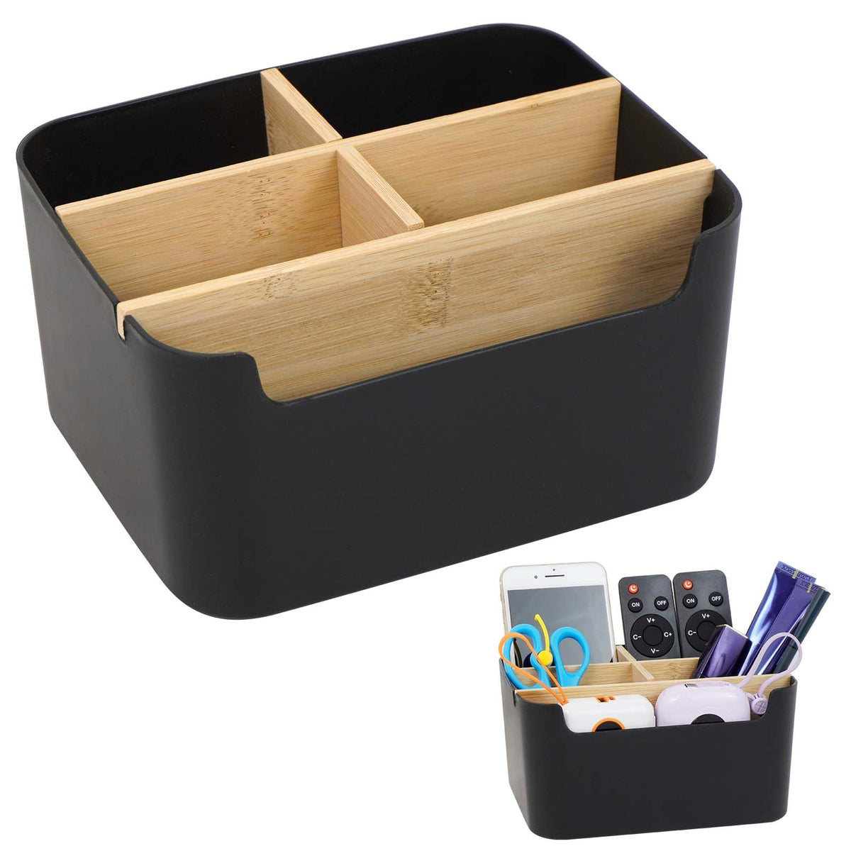 Schreibtisch Organizer aus Bambus, 5 Fächer Abnehmbarer Büro Organizer in Schwarz, Stiftehalter Holz Aufbewahrungsbox für Büro, Schule, Kosmetik, Fernbedienung & Kleine Gegenstände