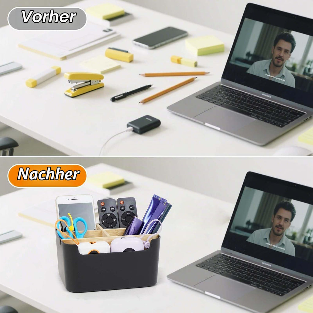 Schreibtisch Organizer aus Bambus, 5 Fächer Abnehmbarer Büro Organizer in Schwarz, Stiftehalter Holz Aufbewahrungsbox für Büro, Schule, Kosmetik, Fernbedienung & Kleine Gegenstände